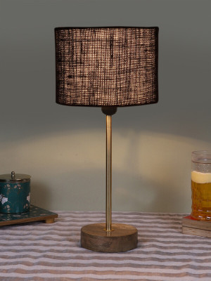 Devansh Drum Black Jute Shade With Gold And Natural Wood Base Table Lamp(42.5 cm, Black)