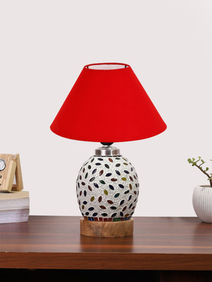 Devansh Conical Red Cotton Shade Lamp With Wood & Mosaic Glass Base For Decoration Table Lamp(36.83 cm, Red)