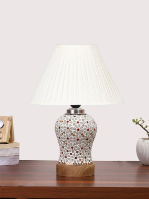 Devansh Off-White Cotton Straight Pleated Shade Lamp With Wood & Mosaic Glass Base Table Lamp(35.56 cm, White, Beige)