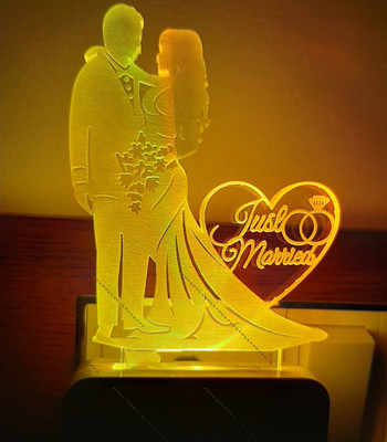 Feelon Just Married Acrylic 3D Illusion RGB 7 Colour Changing LED Plug and Play Night Lamp(10 cm, Multicolor)