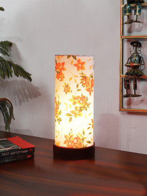 Devansh Multicolor Cotton Table Lamp With Wood Black Base Lamps For Bedroom Table Lamp(27.94 cm, White, Orange)