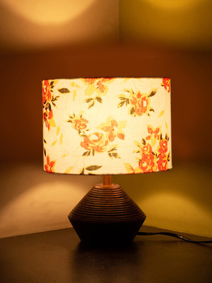 Devansh Multicolor Cotton Table Lamp With Wood Natural Base (7X12 Inches) Table Lamp(30.48 cm, White, Orange)