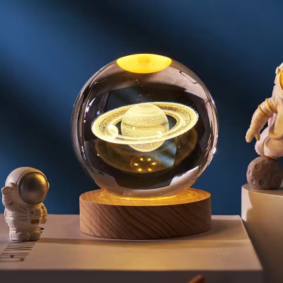 Wengonvila Saturn Planet 3D Crystal Galaxy Ball Light With Wooden Base Night Lamp(8 cm, Yellow)