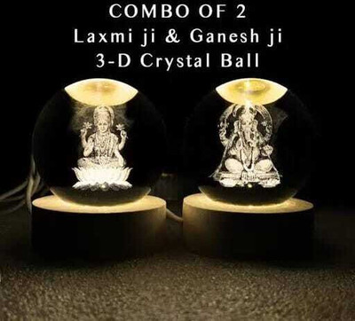 manoramaestore 3D Crystal Ball LED Night Lamp with Laxmi Ganesh Design, Set of 2 Night Lamp(10 cm, Yellow)