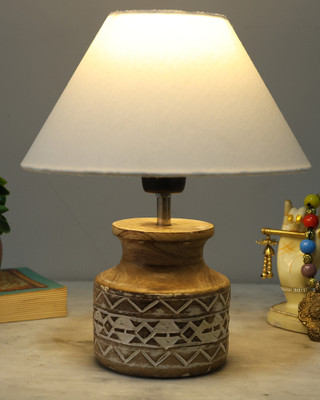 Homesake Whitewash Pot Wood Table Lamp, Modern Base Fabric Lampshade Table Lamp(35 cm, Beige)