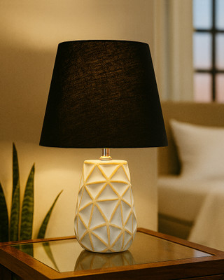Homesake Nordic Ceramic Bedside Table Lamp with Fabric Shade, Whitewash Prism, Black Table Lamp(33 cm, Black)