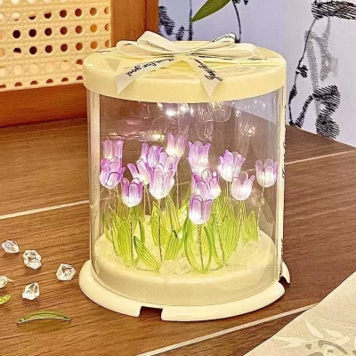Dwiza Enterprise DIY Tulip Cube Mirror Lamp, 30 Flowers LED Decorative Lamp, 2 in 1 Mirror Night Lamp(10 cm, Yellow)