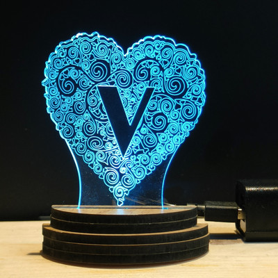 Gadgets World ALPHABET V Acrylic USB 3D Illusion RGB 7 Colour Changing LED Wooden Night Lamp(10 cm, 3USB0149-ALPHABET V)