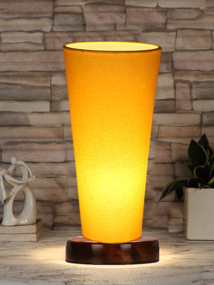 Devansh Yellow Cotton Lamp With Brown Round Wood Base Table Lamp(11 cm, Yellow)
