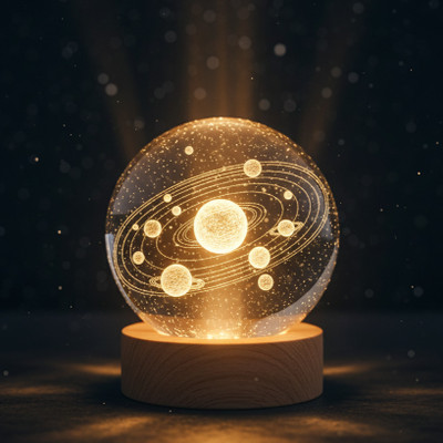 Cosmiq 3D Laser Engraved Solar System Crystal Ball Night Light Night Lamp(10 cm, Yellow)