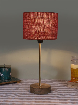 Devansh Drum Maroon Jute Shade With Gold And Natural Wood Base Table Lamp(42.5 cm, Maroon)