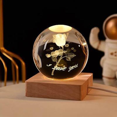 JUGABELY 3D Rose Night Table Study Lamp With Wooden Base USB Party Decoration Night Lamp Night Lamp(8 cm, Gold)