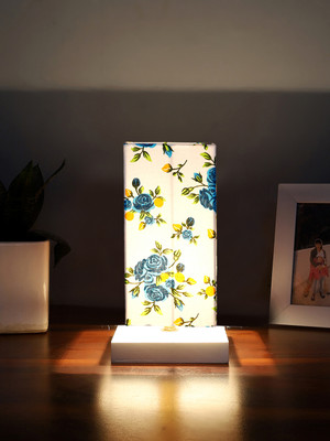 Devansh Square Multicolor Cotton Table Lamp With White Wood Base Table Lamp(31.75 cm, White, Blue)