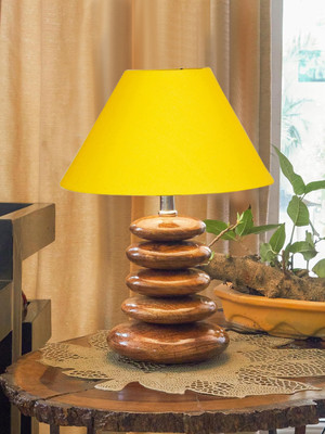 Devansh Yellow Cotton Table Lamp With Wood Pebble Lamp (10X10X15) Inches Table Lamp(38.1 cm, Yellow)