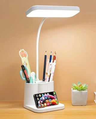 FOKRIM Rechargeable Table Lamp with Phone Holder for Study with 3 Pocket Study Lamp(29 cm, White)
