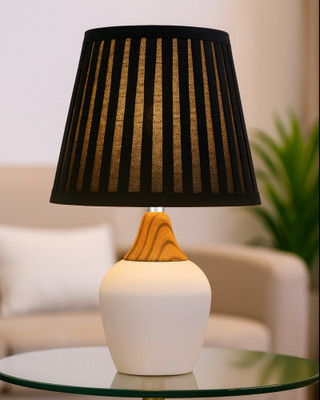 Homesake Black Frill Modern Ceramic Table Lamp with Fabric Shade, White Pottery Design Table Lamp(34.2 cm, Black)