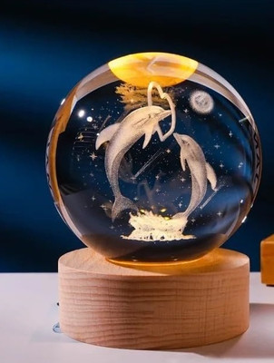 STARKENDY 3D Dolphin Crystal Ball Night Light with Wooden Base Night Lamp(15 cm, Multicolor)