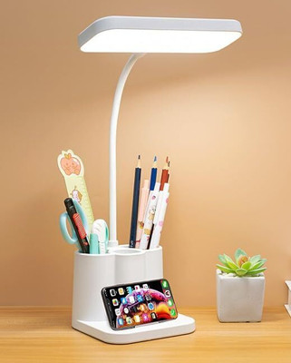 FOKRIM Rechargeable Table Lamp with Phone Holder for Study with 3 Pocket Study Lamp(29 cm, White)