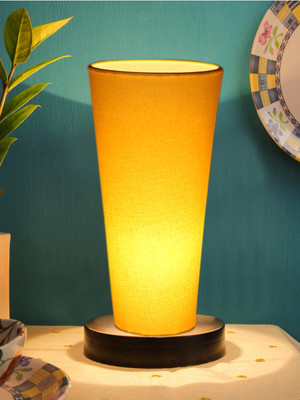 Devansh Yellow Cotton Lamp With Black Round Round Wood Base Table Lamp(11 cm, Yellow)