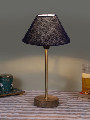 Devansh Conical Blue Jute Shade Lamp With Gold And Natural Wood Base Table Lamp(41.91 cm, Blue)