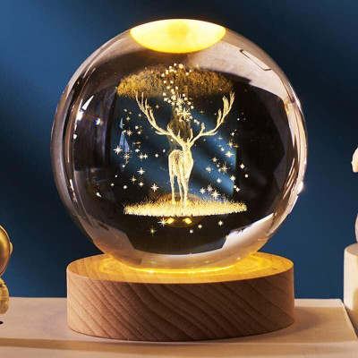 SHOPOGENIX 3D Deer Crystal Ball Night Light Ball with Wooden Base for Birthday Gift Table Lamp(8 cm, Yellow)