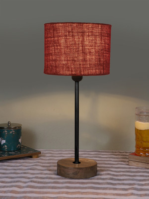 Devansh Drum Maroon Jute Shade With Black Iron & Natural Wood Base For Decoration Table Lamp(42.545 cm, Maroon)