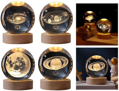 ETN 3D Galaxy Crystal Ball NightLight with Wooden Base Night Lamp(7 cm, Yellow)