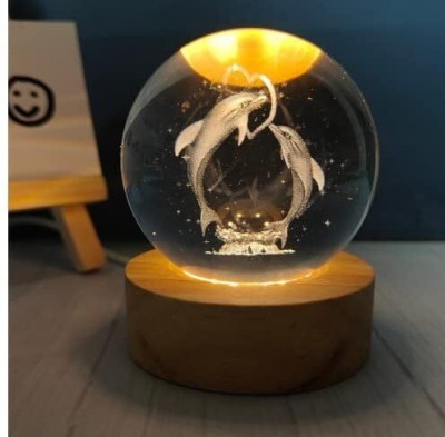 SHOPOGENIX 3D Crystal Ball Dolphin Luminous Lamp with Wooden Base Night Lamp(8 cm, Yellow)