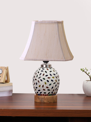 Devansh Off-White Cotton Rectangular Shade Lamp With Wood & Mosaic Glass Base For Home Table Lamp(38.1 cm, White, Beige)