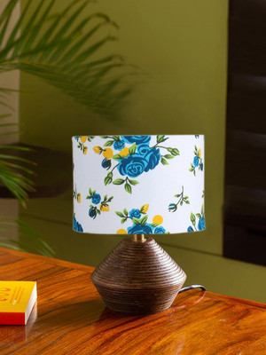 Devansh Multicolor Cotton Table Lamp With Wood Natural Base (7X12 Inches) Table Lamp(30.48 cm, White, Blue)
