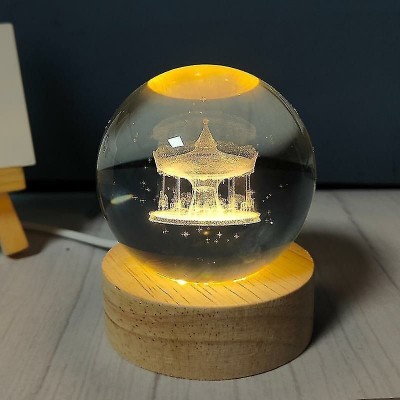 Wengonvila 3D Crystal Ball Lamp with Wooden Base Carousel Galaxy Models Warm Light Night Lamp(8 cm, Yellow)