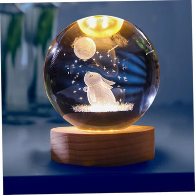 SHOPOGENIX Crystal Ball Engraved Rabbit And Moon 2.4'' Glass Globe with Wooden Base Night Lamp(8 cm, Yellow Color)