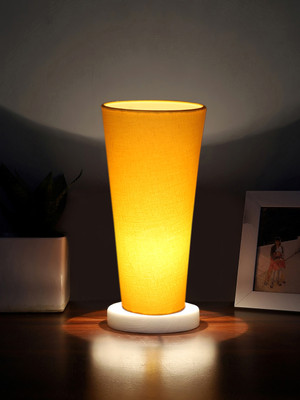 Devansh Yellow Cotton Lamp With White Round Round Wood Base Table Lamp(11 cm, Yellow)