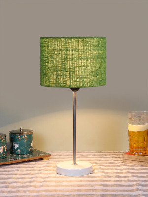 Devansh Drum Green Jute Shade With Steel And White Wood Base Table Lamp(42.5 cm, Green)
