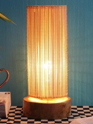 Devansh Round Bamboo Shade with Round Wood Base Table Lamp(31 cm, Beige)