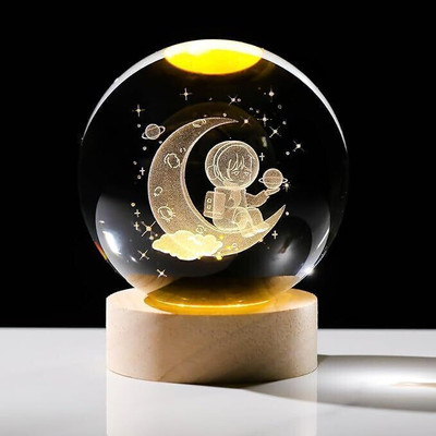 SHOPOGENIX 6CM 3D Astronaut Galaxy Crystal Ball Light,LED Wood Base Table Lamp(6 cm, Yellow, Moon Astronaut, Pack-1)