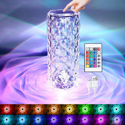 WAIKIL Crystal Rose Diamond Acrylic LED RGB 16 Colors USB Remote and Touch Control Desk Table Lamp(20 cm, Multicolor)