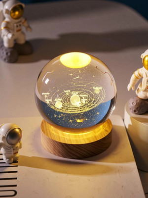 Green Tales 3D Solar System Crystal Globe Night Ball Light with Wooden Base Night Lamp(8 cm, Crystal Clear)