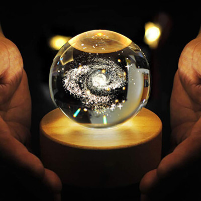 Wengonvila Galaxy Crystal Ball Night Light,2.4 inch Glass Ball Night Lamp with Wooden Base Night Lamp(8 cm, Yellow)