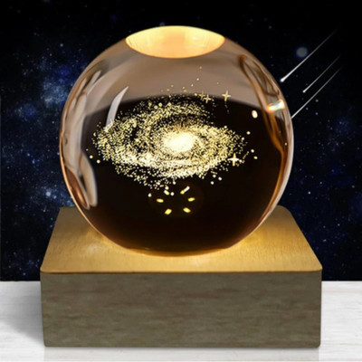 Clickkit 3D galaxy crystal Ball with Wooden LED Base perfect for home decor night lamp Night Lamp(7.5 cm, Transparent crystal Ball, Light brown Wooden LED Base)