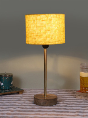 Devansh Drum Yellow Jute Shade With Gold And Natural Wood Base Table Lamp(42.5 cm, Yellow)