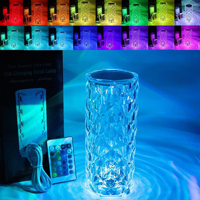 MOOZMOB USB Rechargeable Crystal Lamp with 16 Color Changing Modes Rose Diamond Table Lamp with Touch Sensor and Remote Control LED Crystal Lamp for Home and Bedroom Led Light(White)