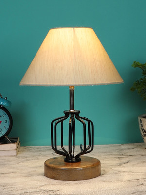 Devansh Off-White Cotton Table Lamp With Wood & Iron Base Table Lamp(37.4 cm, White, Beige)