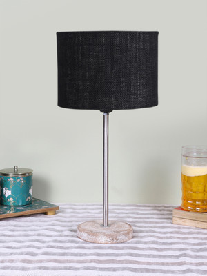 Devansh Drum Black Jute Shade With Steel And White Brushed Wood Base Table Lamp(42.5 cm, Black)