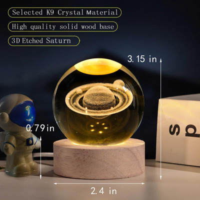 KASHTGO 3D Galaxy Crystal Ball Solar System Night Light, USB Table LED Wooden Night Lamp(7 cm, Multicolor)