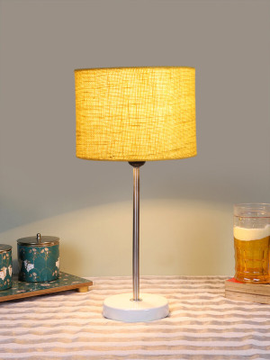 Devansh Drum Yellow Jute Shade With Steel And White Wood Base Table Lamp(42.5 cm, Yellow)