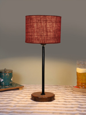 Devansh Drum Maroon Jute Shade With Black Iron & Brown Wood Base For Decoration Table Lamp(42.545 cm, Maroon)