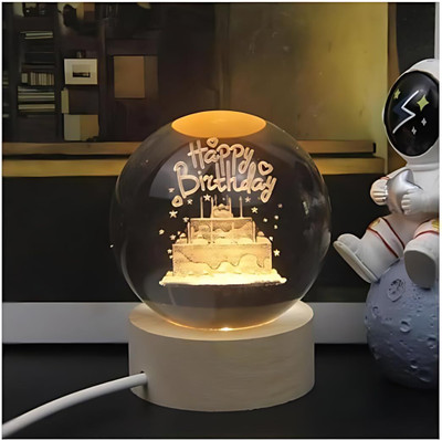 Everglow 3D Crystal Happy Birthday Lamp Engraved Crystal Ball LED Night Light Night Lamp(6 cm, Gold)