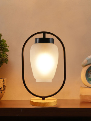 Devansh Milky Glass Wooden & Iron Table Lamp For Bedside Desk & Home Decor Lights Table Lamp(43.18 cm, White)