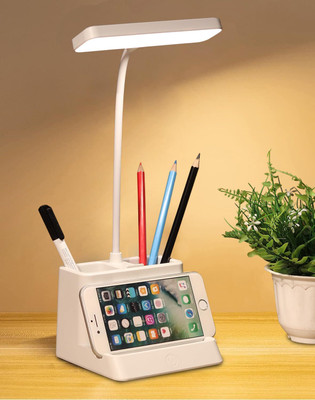 FIRSTLIKE Multifunctional 3 Level Brightness Rechargeable with Pen & Mobile Holder Desk Study Lamp(36 cm, White)